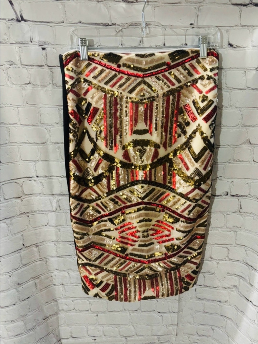 XOXO Sequin Geometric Pencil Skirt - Red, Gold, Black, Cream